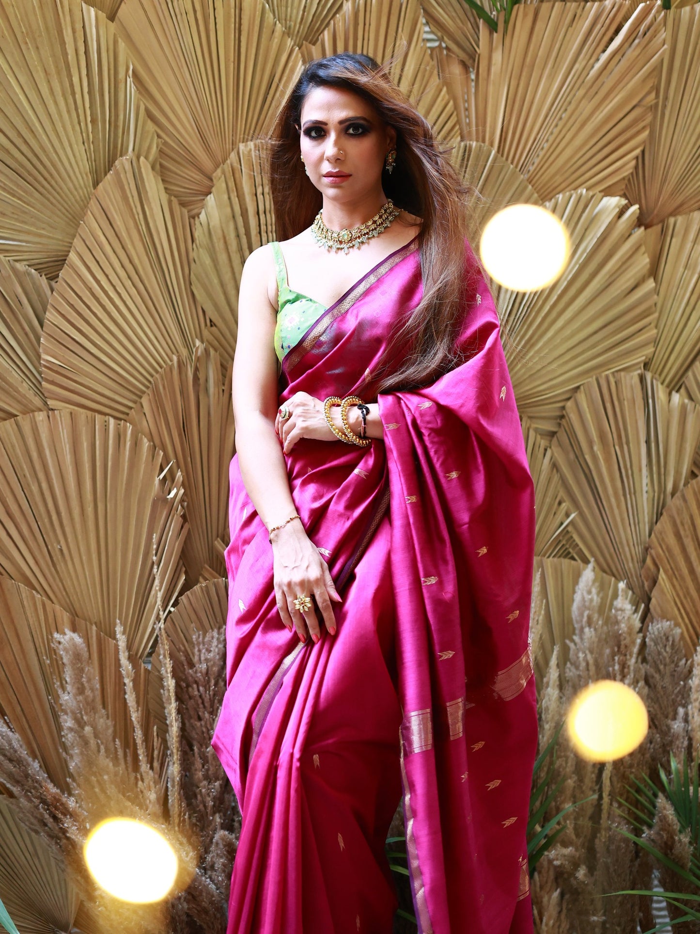 Rich Wine Maheshwari Silk Saree with Golden Details