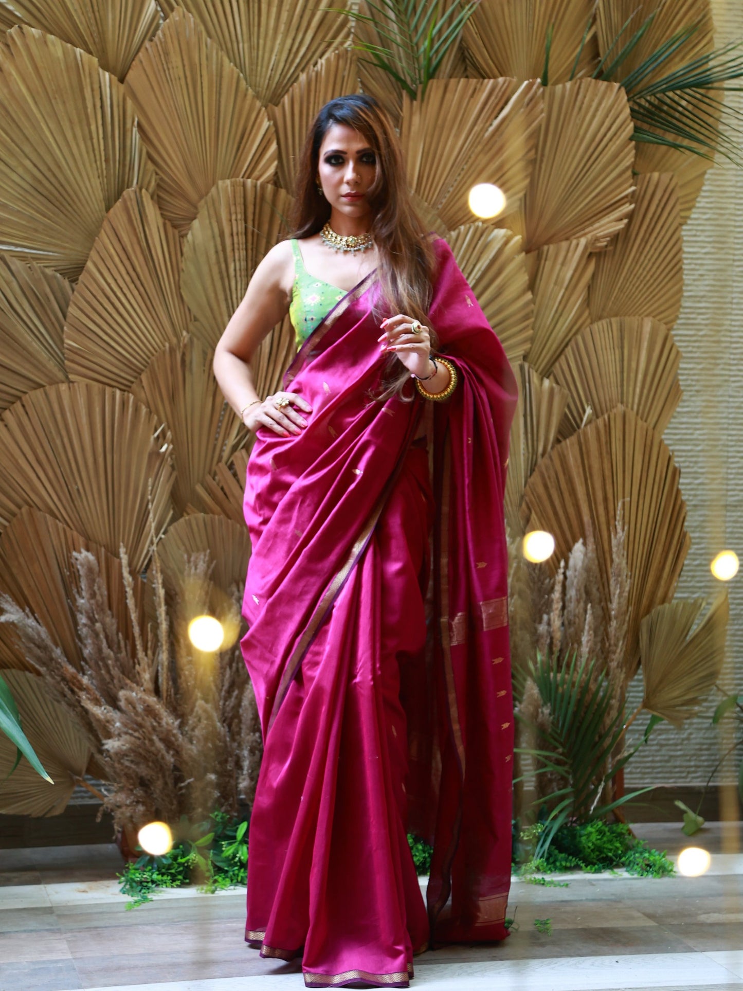 Rich Wine Maheshwari Silk Saree with Golden Details