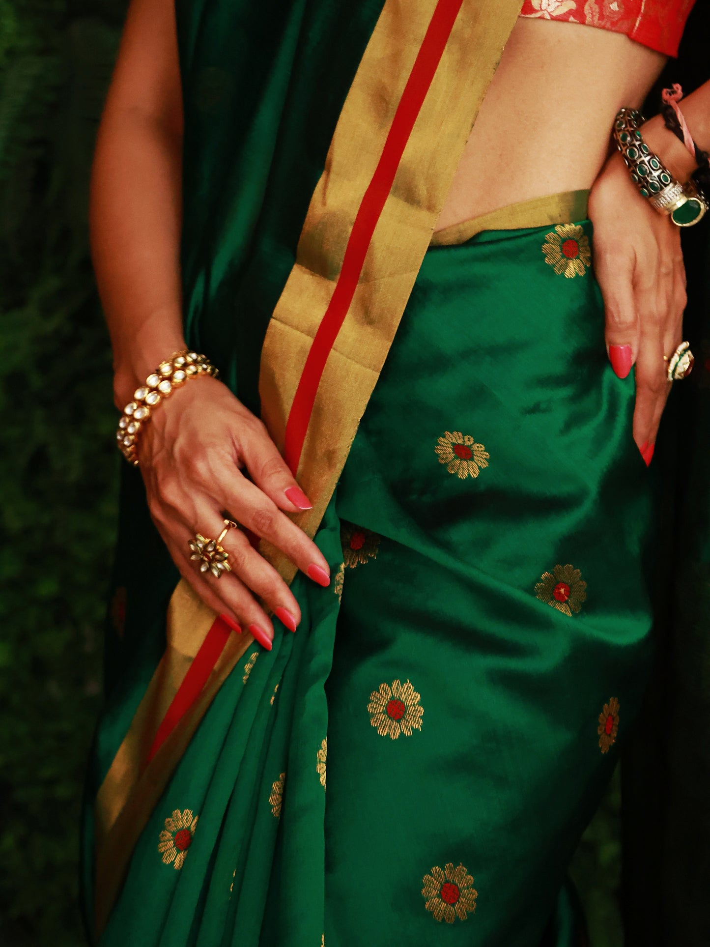 Forest Green Premium Pattu Silk Chanderi Saree with Minakari motifs