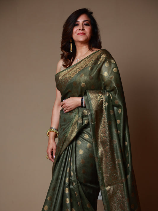 Khaki Green Handloom Baswada Silk Saree
