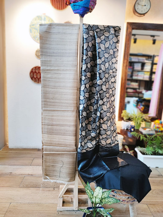 Beige & Black Tussar Gheecha Silk Suit With Dupatta