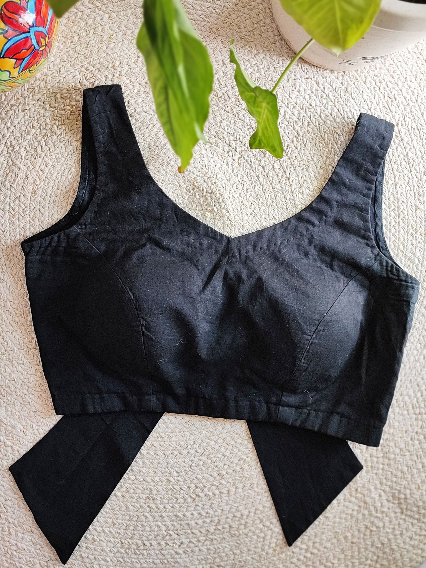 Solid Black Cotton Padded Blouse with Back Bow Detailing