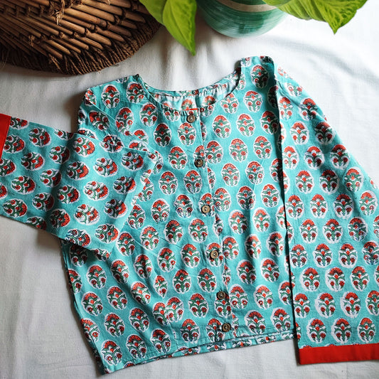 Turquoise Blue Pure Cotton Handblock Printed Contemporary Blouse/ Crop Top