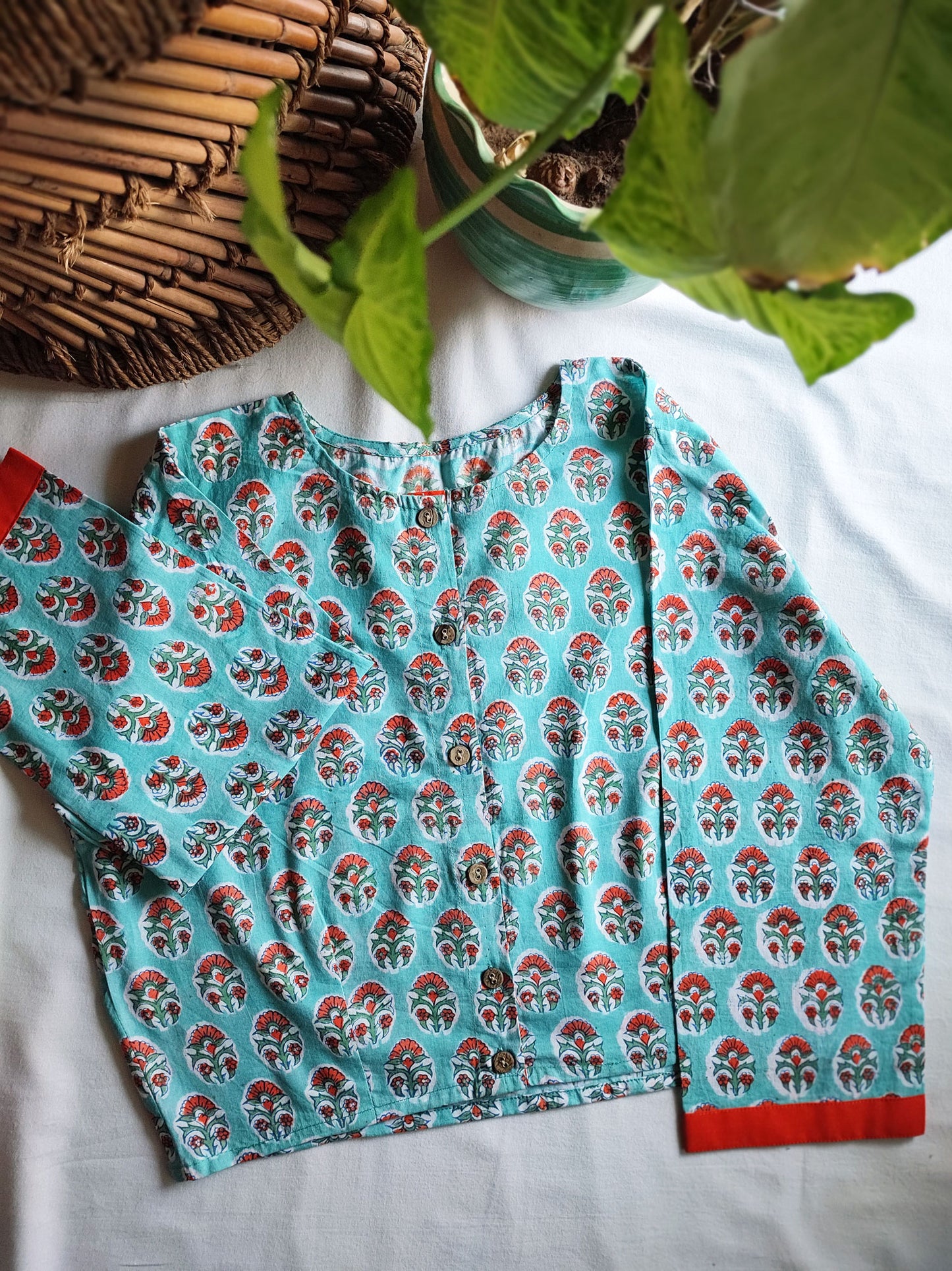 Turquoise Blue Pure Cotton Handblock Printed Contemporary Blouse/ Crop Top