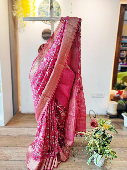 Premium Pink Linen Silk Saree with Jaal Embroidery Work All Over
