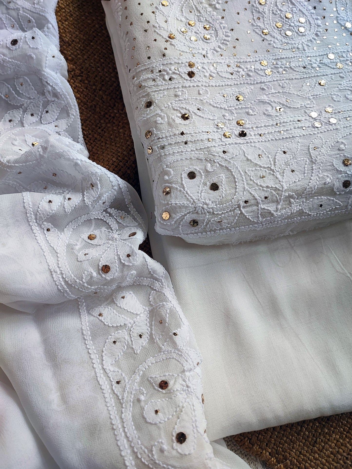 Hand Embroided White Georgette Lucknowi Chikankari Suit Set With Badla Work