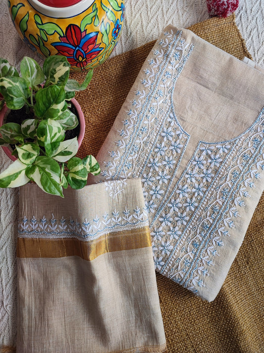 Tissue Chanderi Silk Kurta and Dupatta Set with Lucknowi Style Hand Embroidery