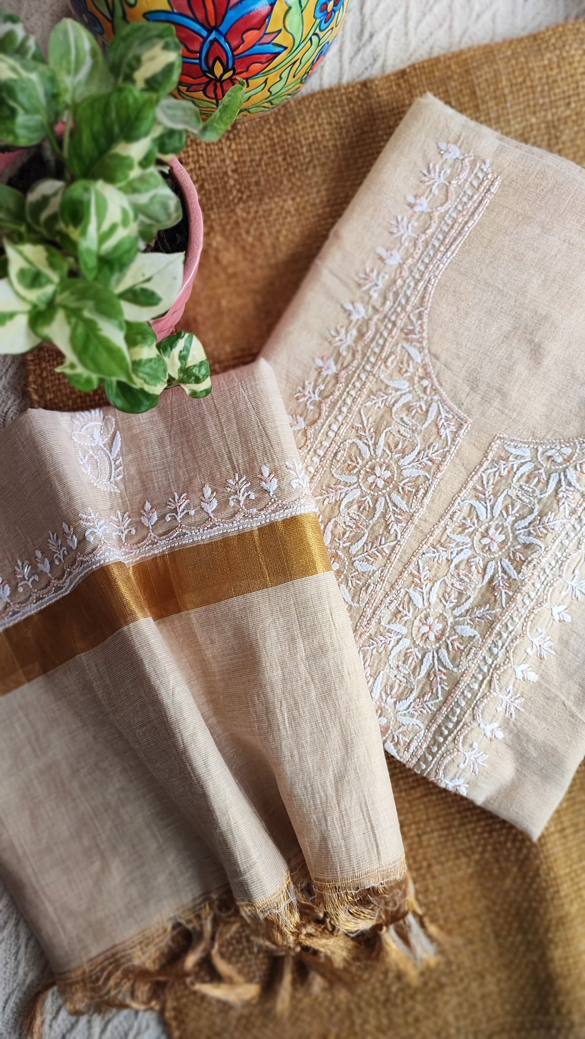 Tissue Chanderi Silk Kurta and Dupatta Set with Lucknowi Style Hand Embroidery in White & Rust