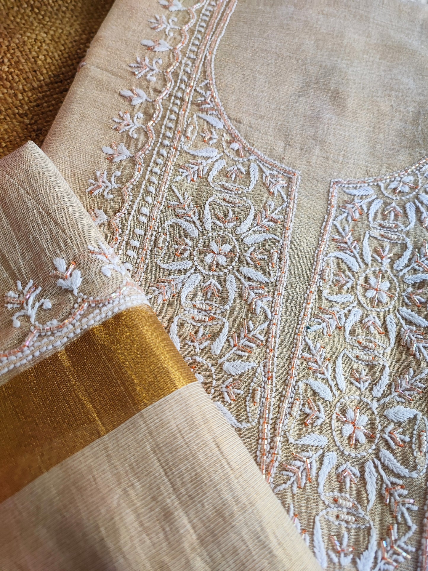 Tissue Chanderi Silk Kurta and Dupatta Set with Lucknowi Style Hand Embroidery in White & Rust