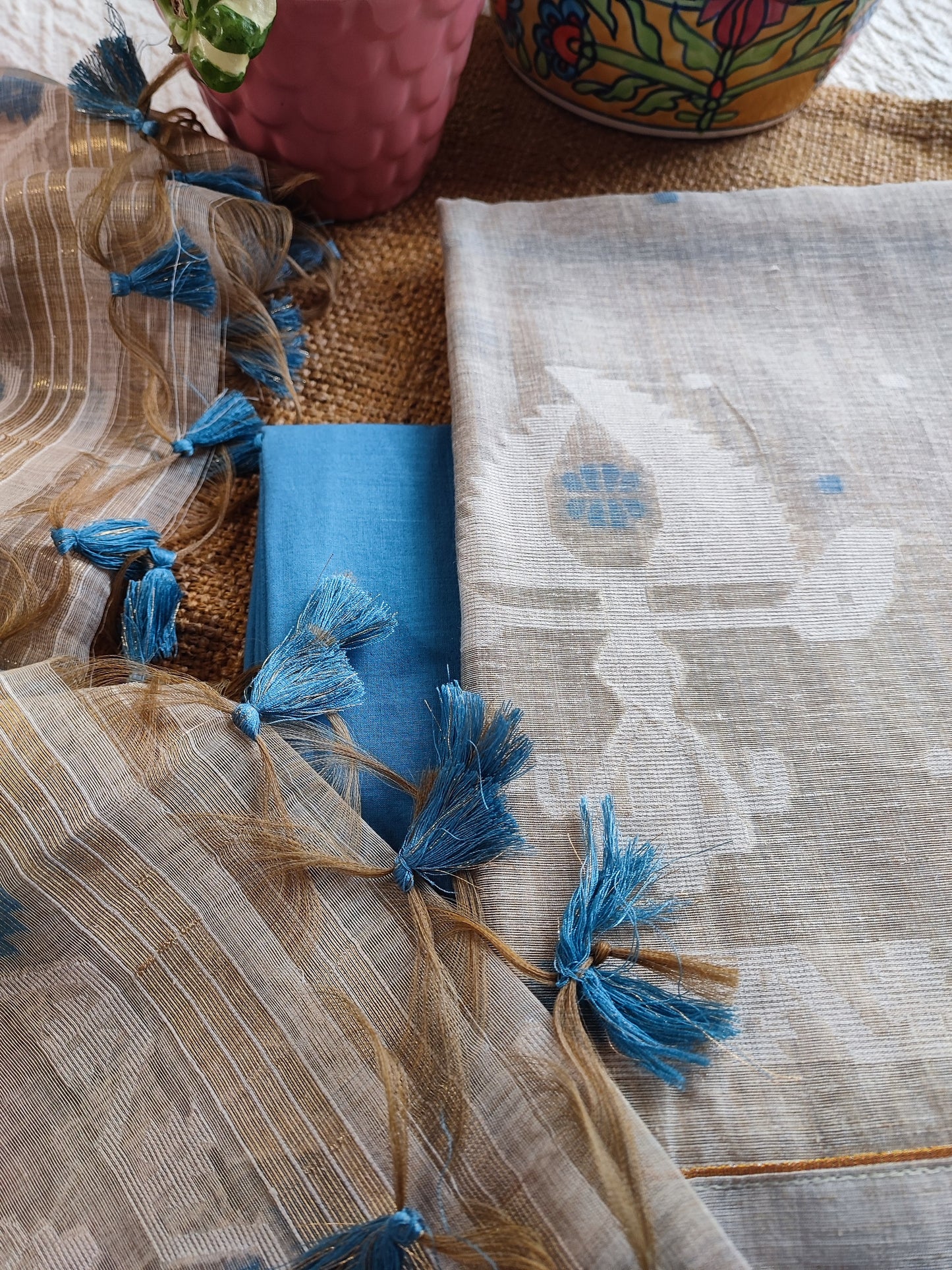 Hint Of Blue And Beige Chanderi Silk by Resham Woven Jamdani Suit With Blue Bottom