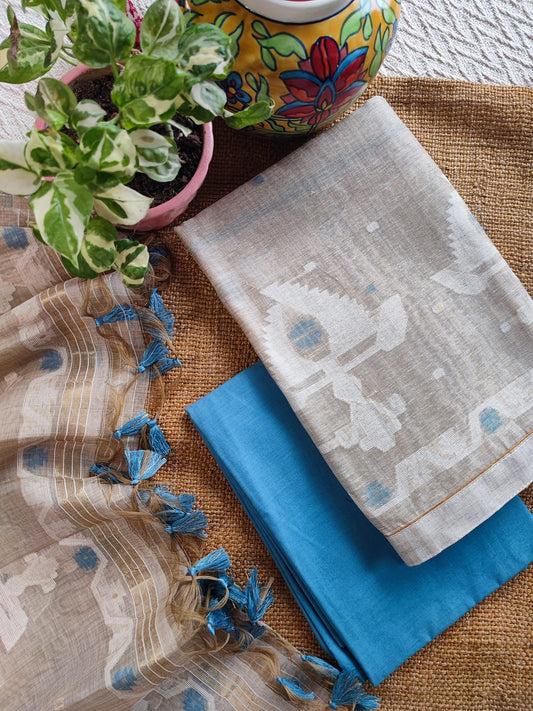 Hint Of Blue And Beige Chanderi Silk by Resham Woven Jamdani Suit With Blue Bottom