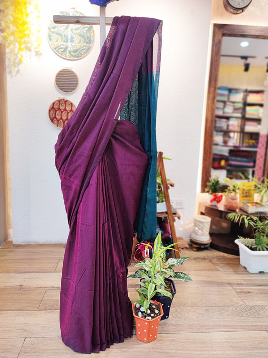 Midnight Purple Soft Handloom Cotton Saree with Contrast Pallu & Blouse