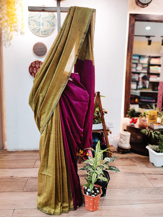 Green Tea & Magenta Half-In-Half Soft Handloom Cotton Saree with Contrast Pallu & Blouse