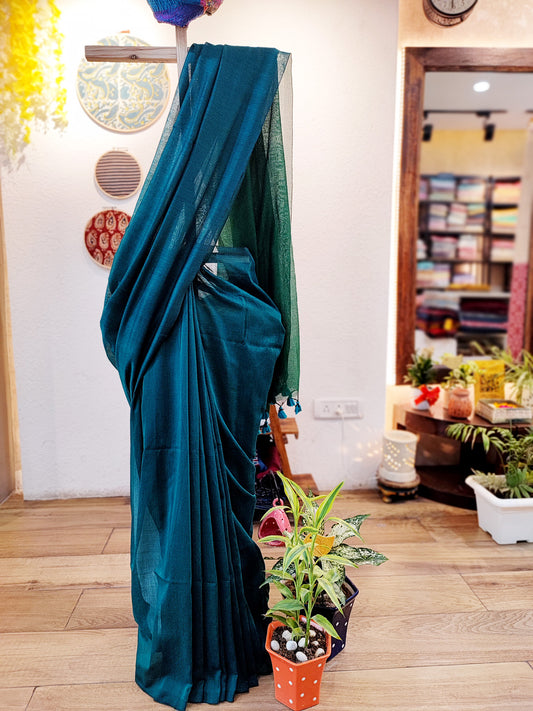 Products Deep Teal Soft Handloom Cotton Saree with Contrast Pallu & Blouse