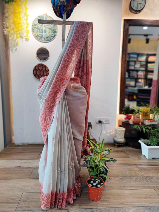 White Jamdani Saree with Brick Red Geometric Weave Pallu & Border