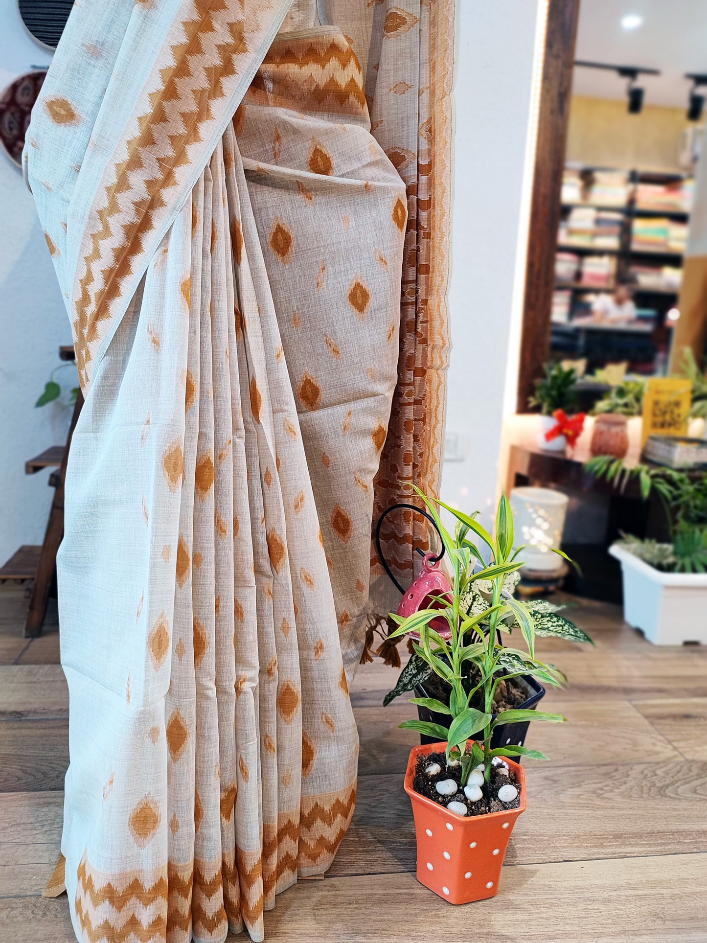 White Jamdani Saree with Geometric Mustard Weaving