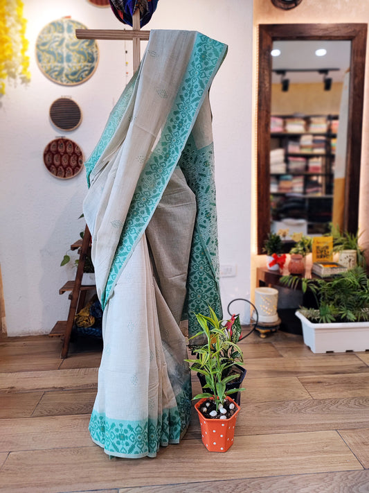 White Jamdani Saree with Teal Green Geometric Weave Pallu & Border