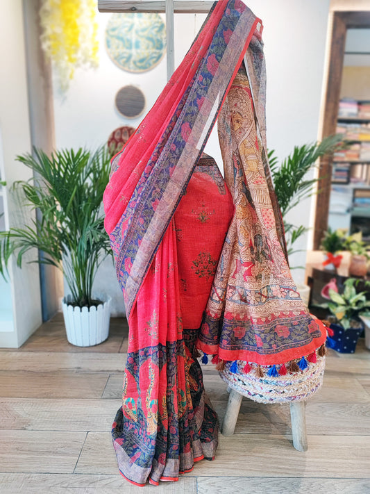 Candy Red Pure Linen Mughal Printed Saree With Tassels