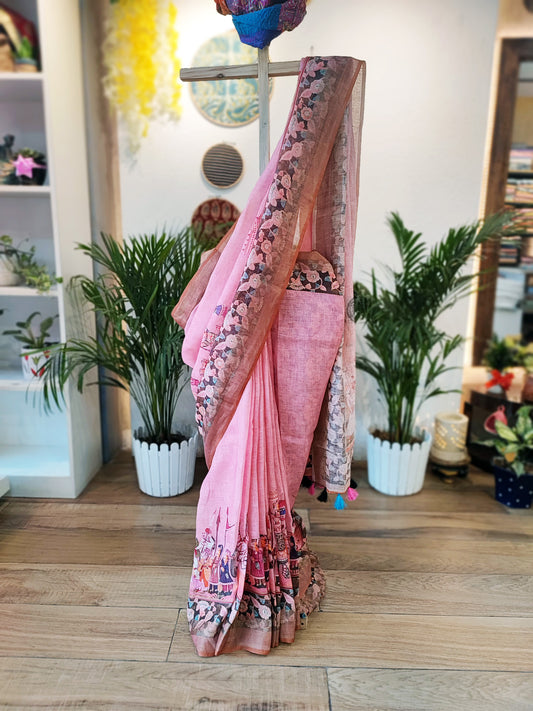 Flamingo Pink Pure Linen Mughal Printed Saree With Tassels