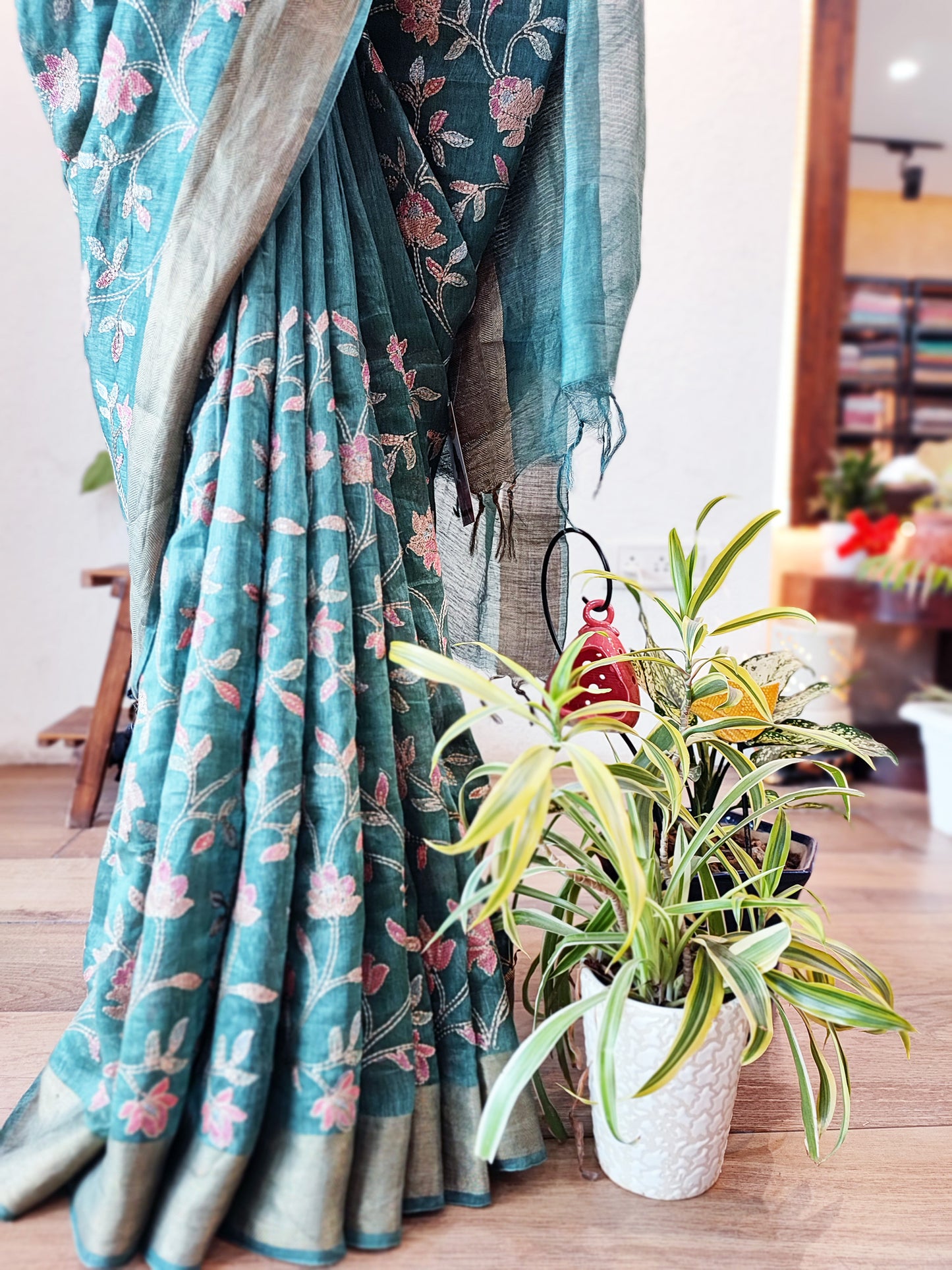 Premium Dark Teal Linen Silk Saree with Jaal Embroidery Work All Over