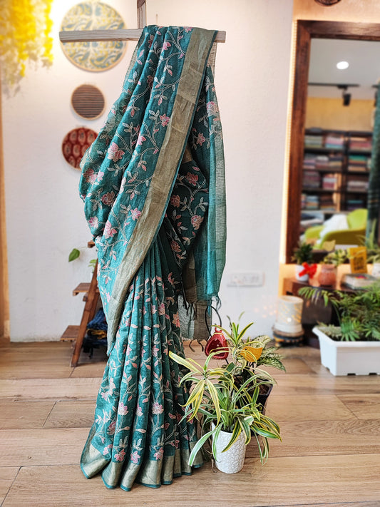 Premium Dark Teal Linen Silk Saree with Jaal Embroidery Work All Over