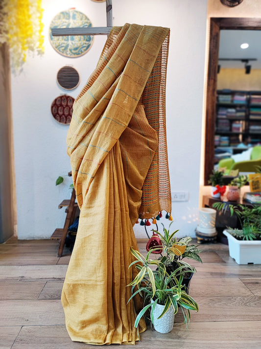 Yellow Ochre Handloom Woven Linen Saree - Front View