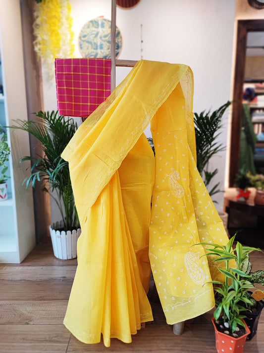 Sunflower Yellow Cotton Voile Saree With Lucknowi Handwork With Contrast Blouse