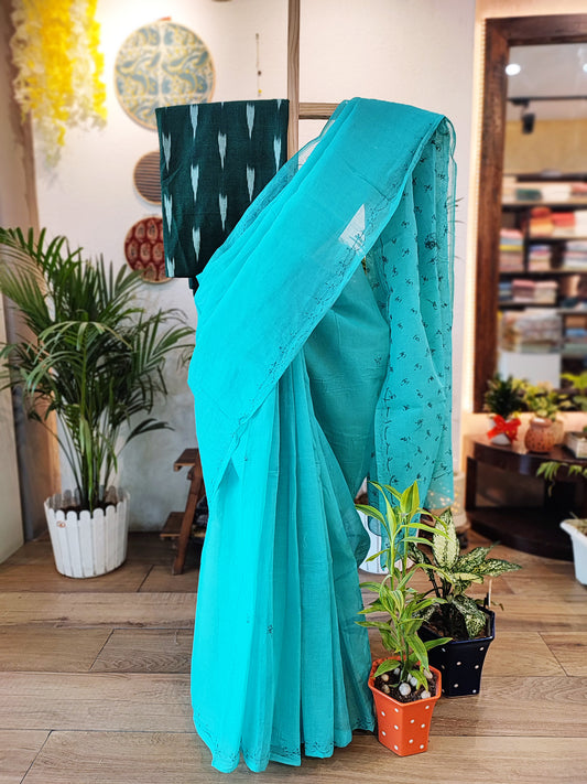 Cyan Cotton Voile Saree With Lucknowi Handwork With Contrast Blouse