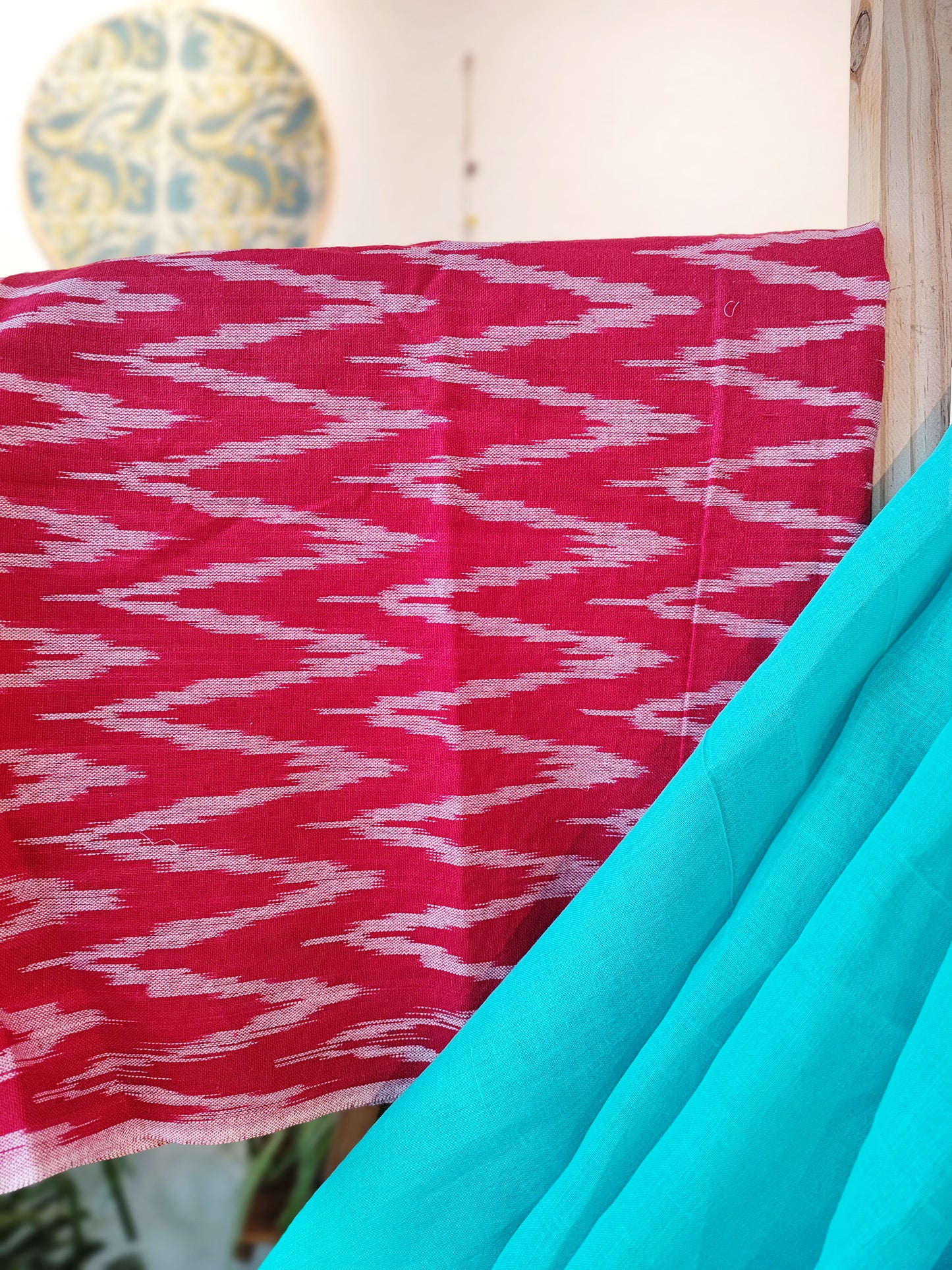 Cyan Cotton Voile Saree With Red Lucknowi Handwork With Contrast Blouse