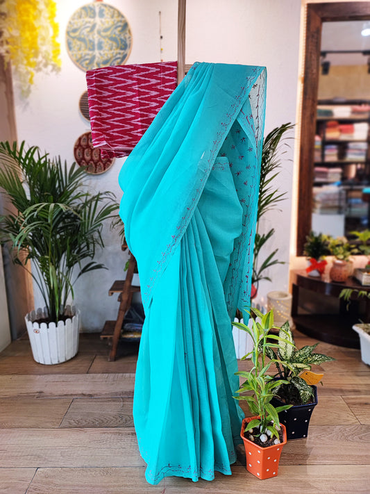 Cyan Cotton Voile Saree With Red Lucknowi Handwork With Contrast Blouse