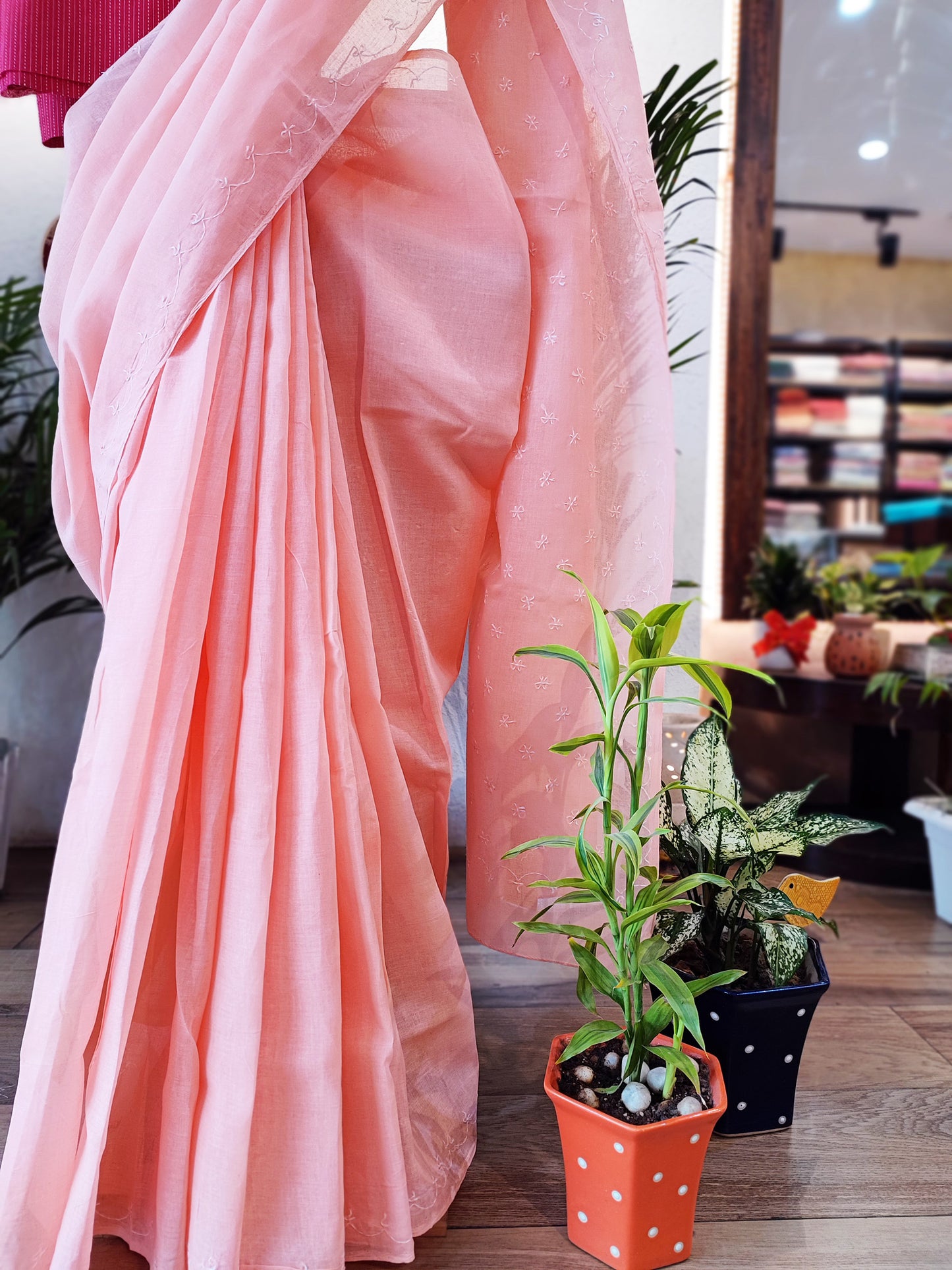 Peach Pink Cotton Voile Saree With Lucknowi Handwork With Contrast Blouse