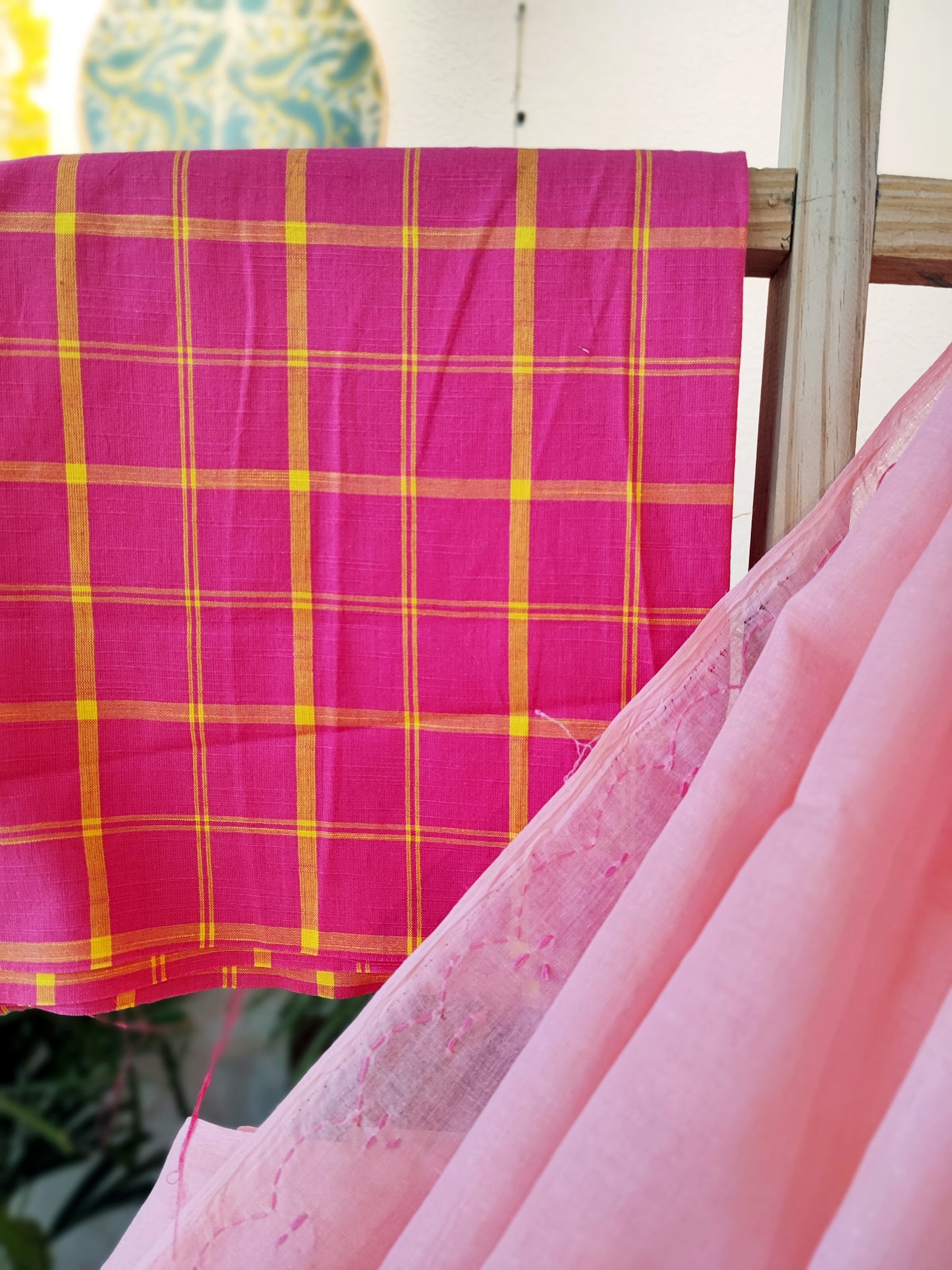 Baby Pink Cotton Voile Saree With Lucknowi Handwork With Contrast Blouse