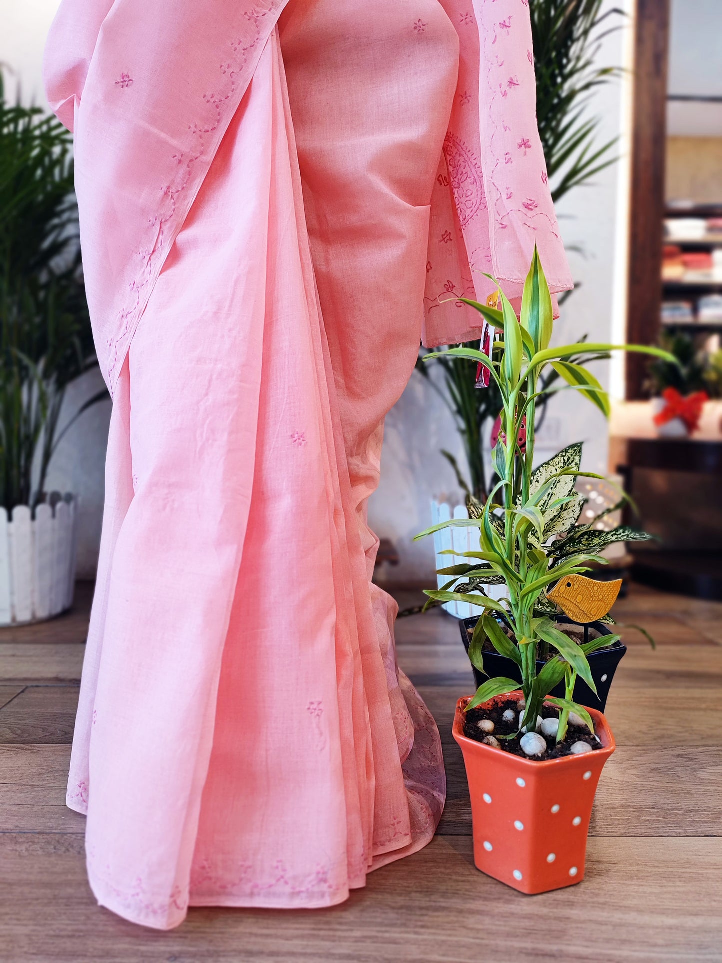 Baby Pink Cotton Voile Saree With Lucknowi Handwork With Contrast Blouse