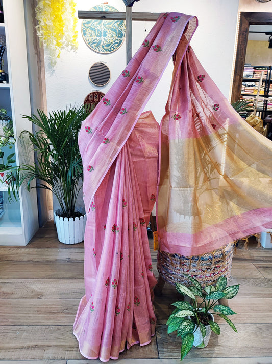 Flamingo Pink Premium Linen Tissue Linen Silk Saree With Embroidery