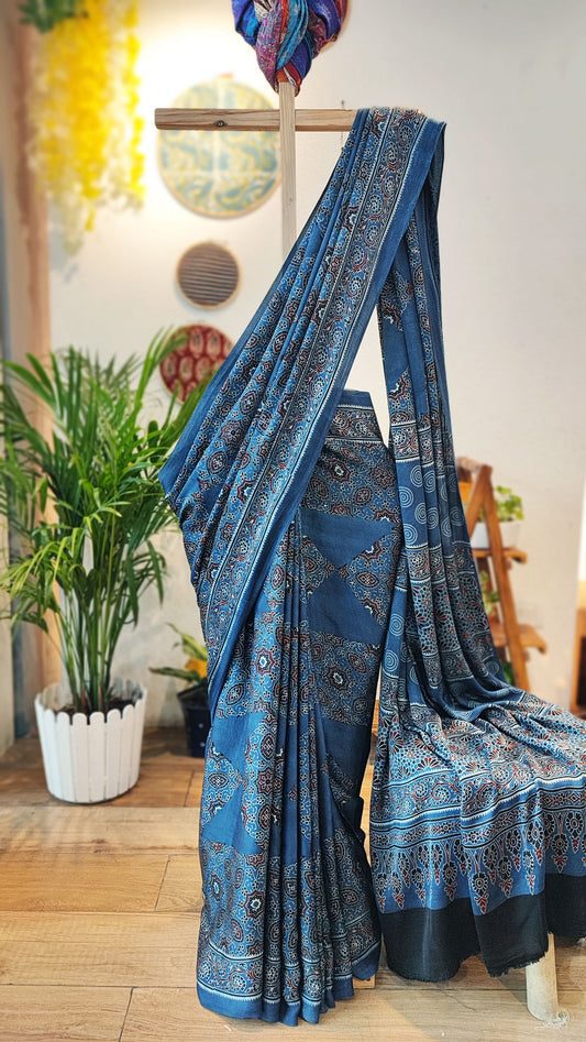 French Blue Premium Ajrakh Modal Silk Handblock Printed Saree