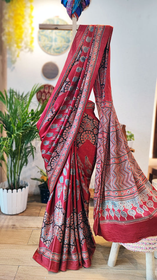 Crimson Red Premium Ajrakh Modal Silk Handblock Printed Saree