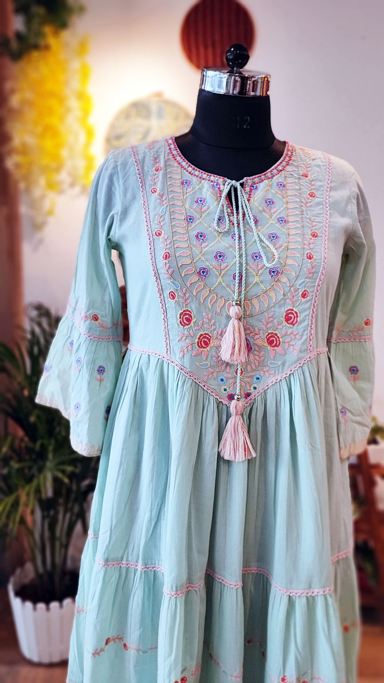 Pistachio Green Long Embroided Cotton Mulmul Dress