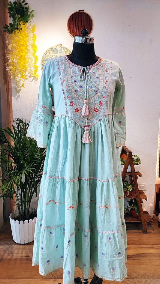 Pistachio Green Long Embroided Cotton Mulmul Dress