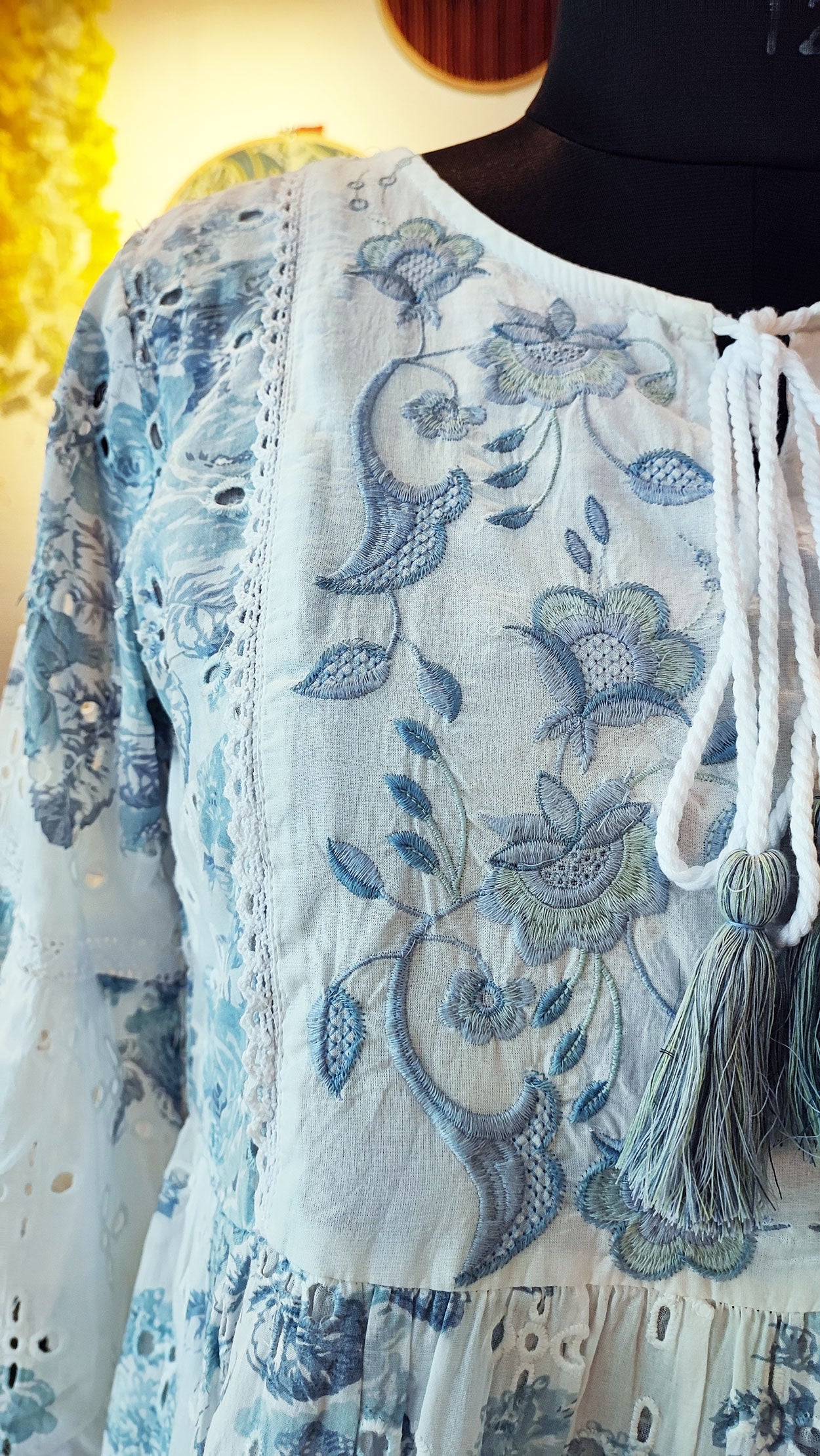 Moonlight White Mid-length Cotton Mulmul Dress With Ink Blue Embroidery
