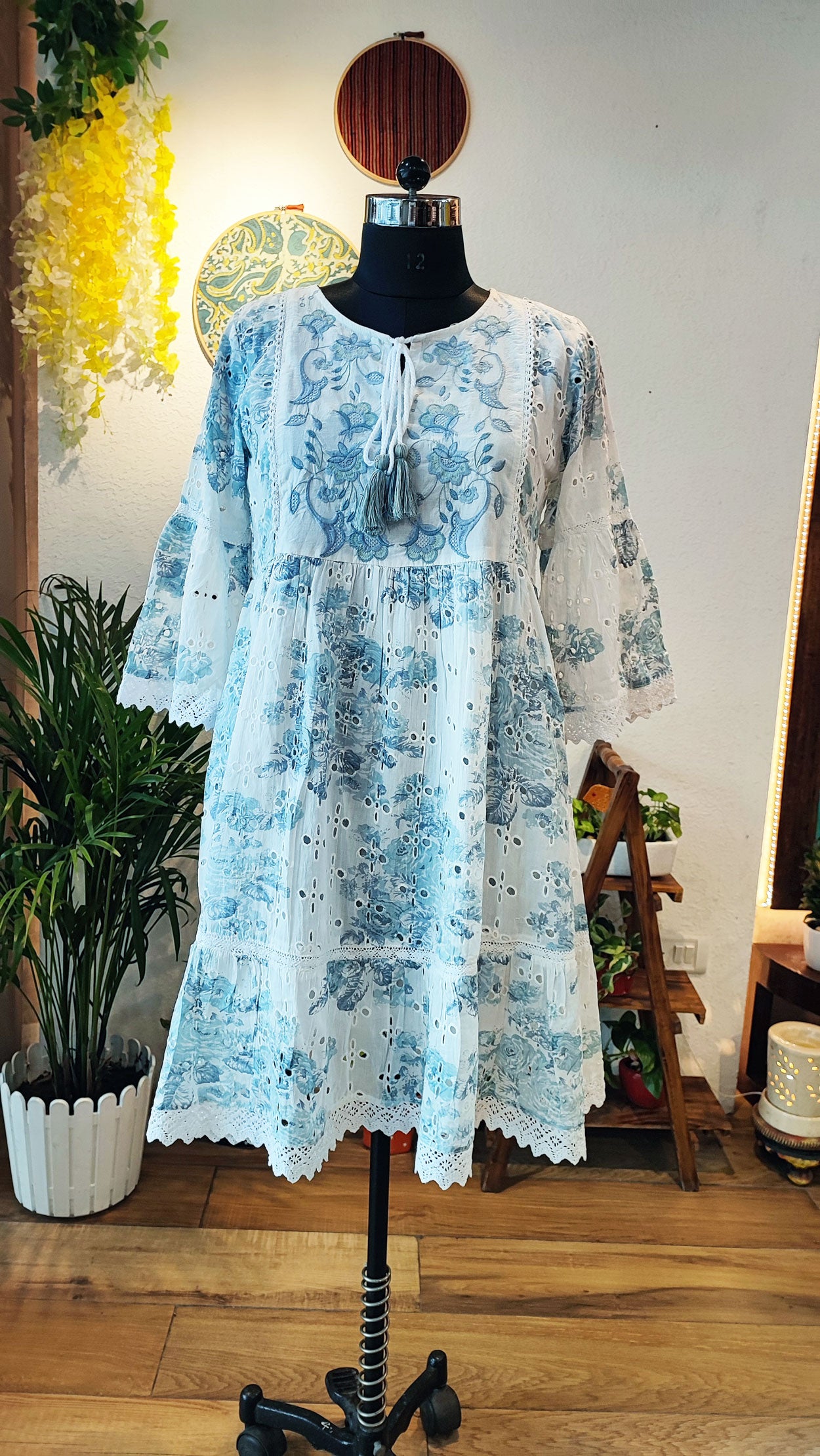 Moonlight White Mid-length Cotton Mulmul Dress With Ink Blue Embroidery