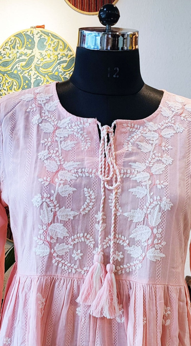 Peach Pink Long Embroided Cotton Mulmul Dress