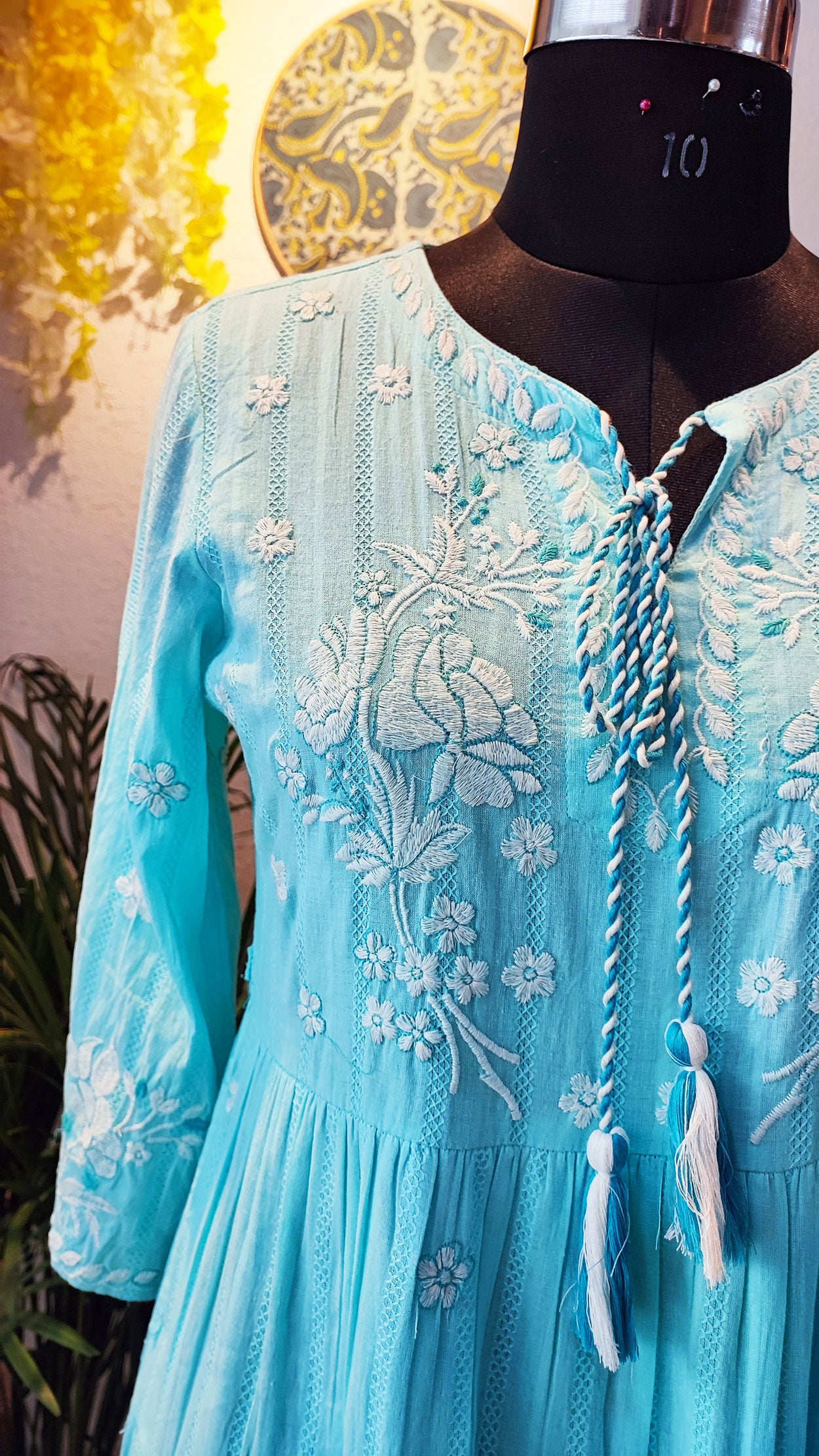 Teal Blue Long Embroided Cotton Mulmul Dress