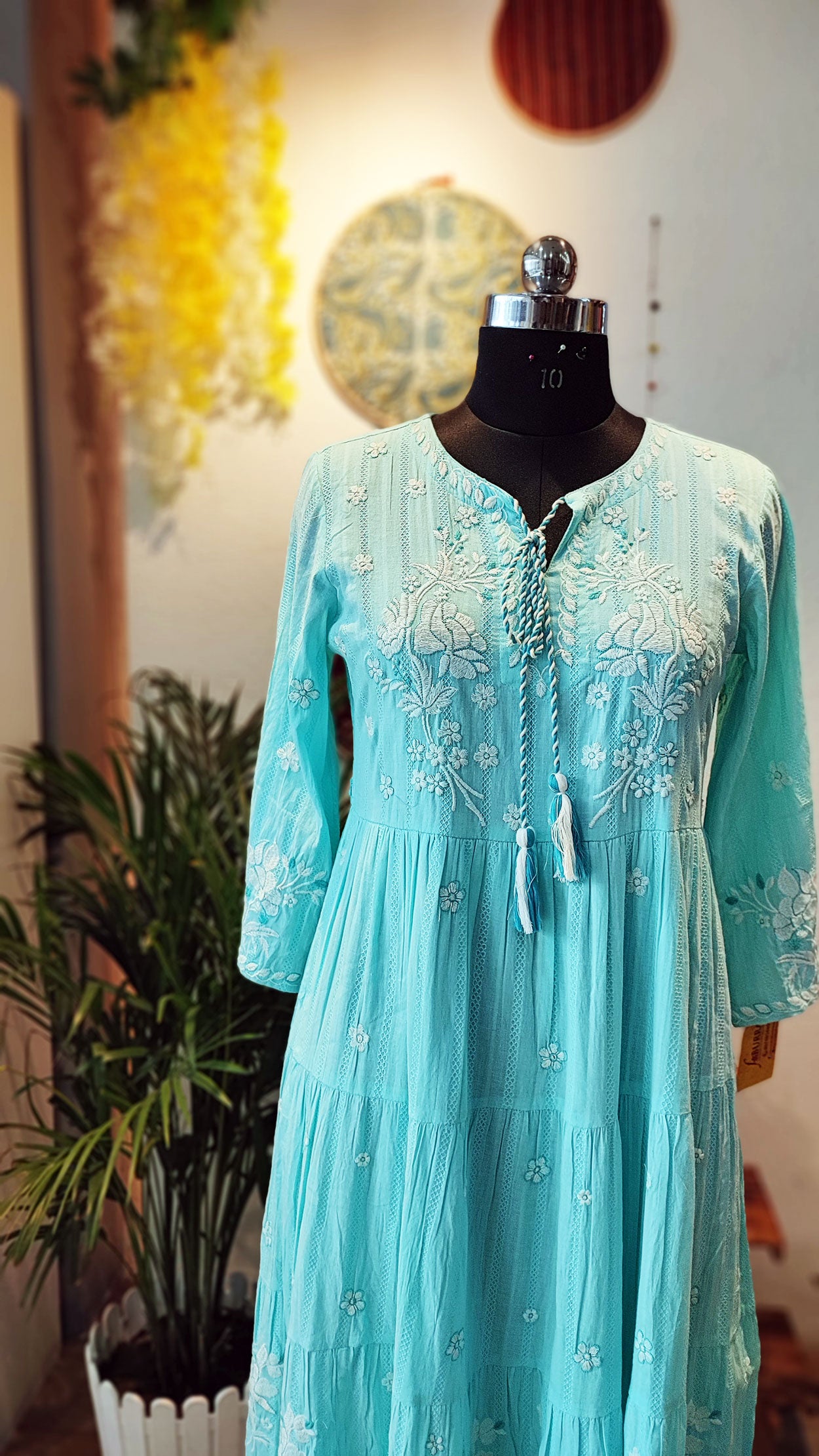 Teal Blue Long Embroided Cotton Mulmul Dress