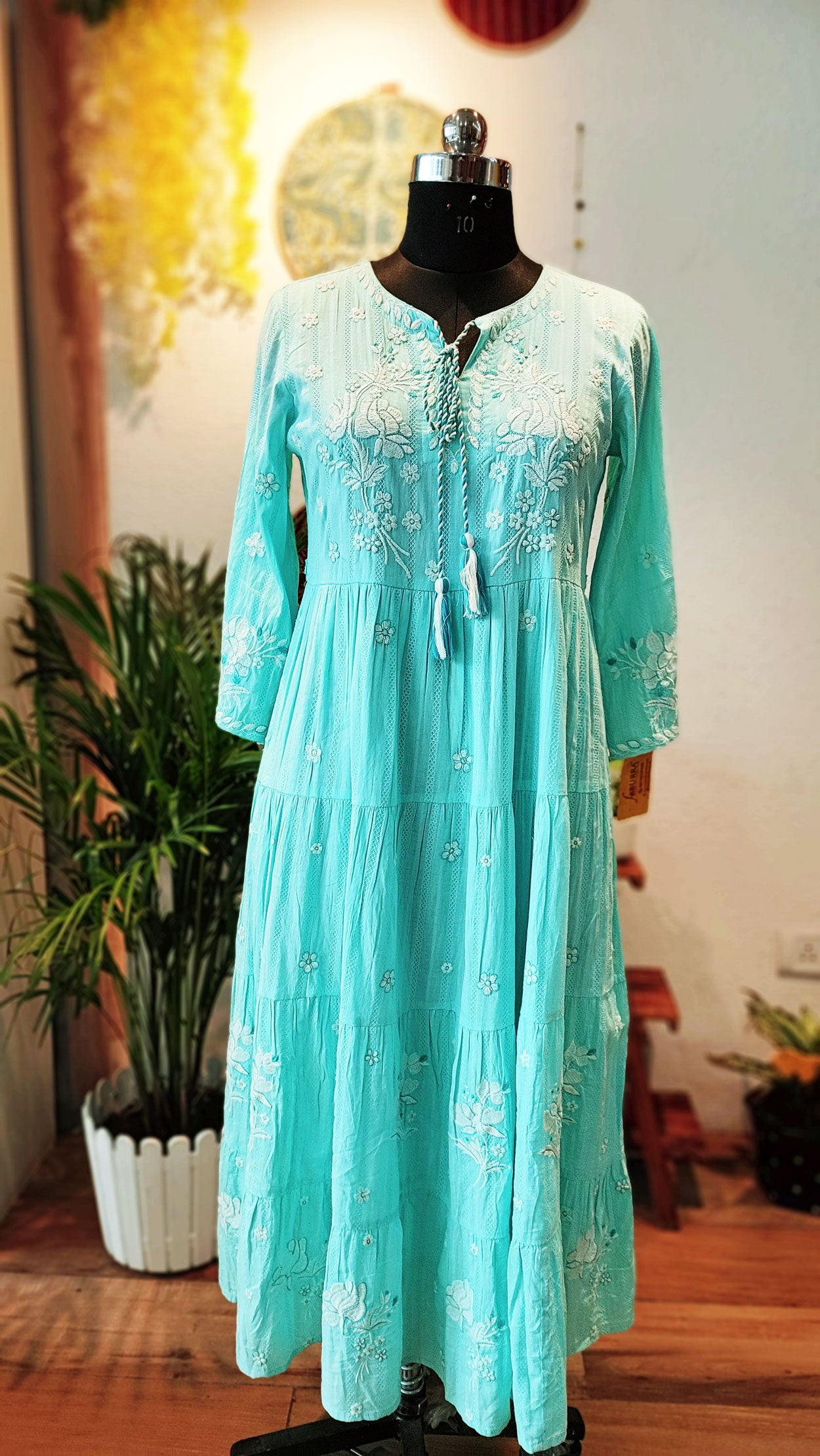Teal Blue Long Embroided Cotton Mulmul Dress
