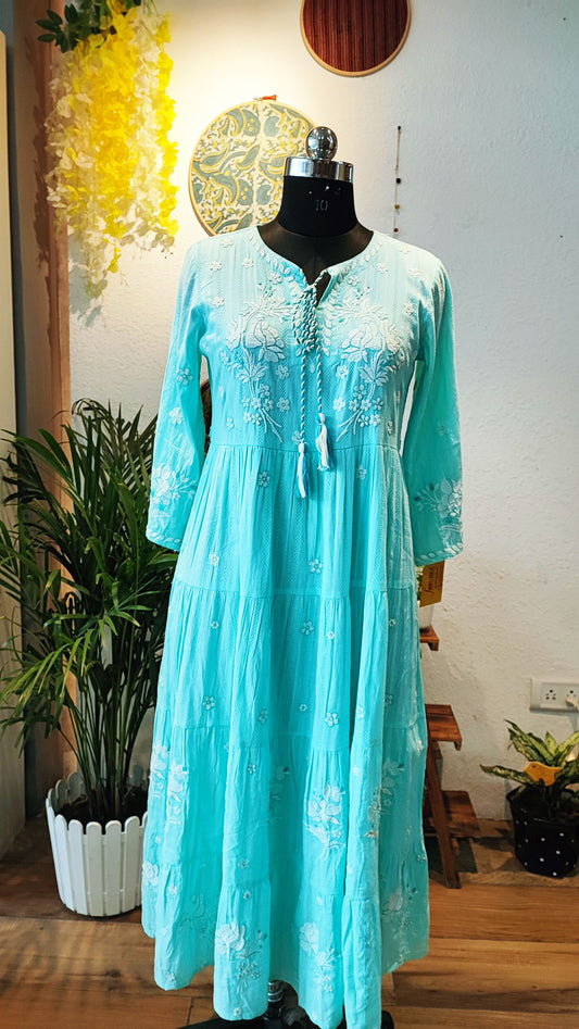 Teal Blue Long Embroided Cotton Mulmul Dress