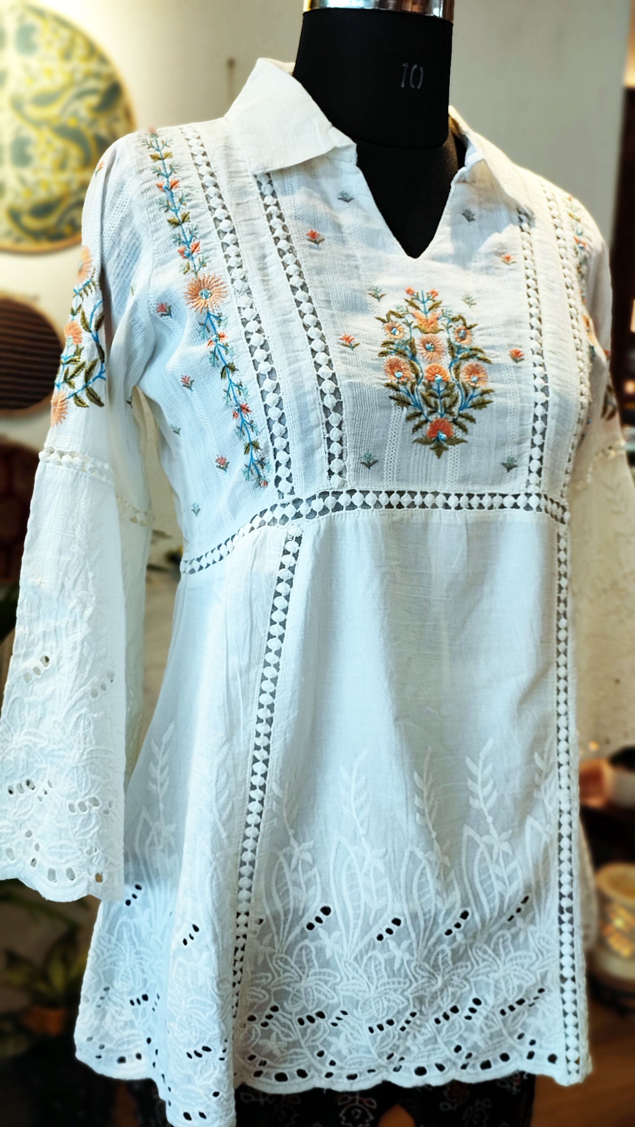 Moonlight White Collared Cotton Mulmul Top With Embroidery