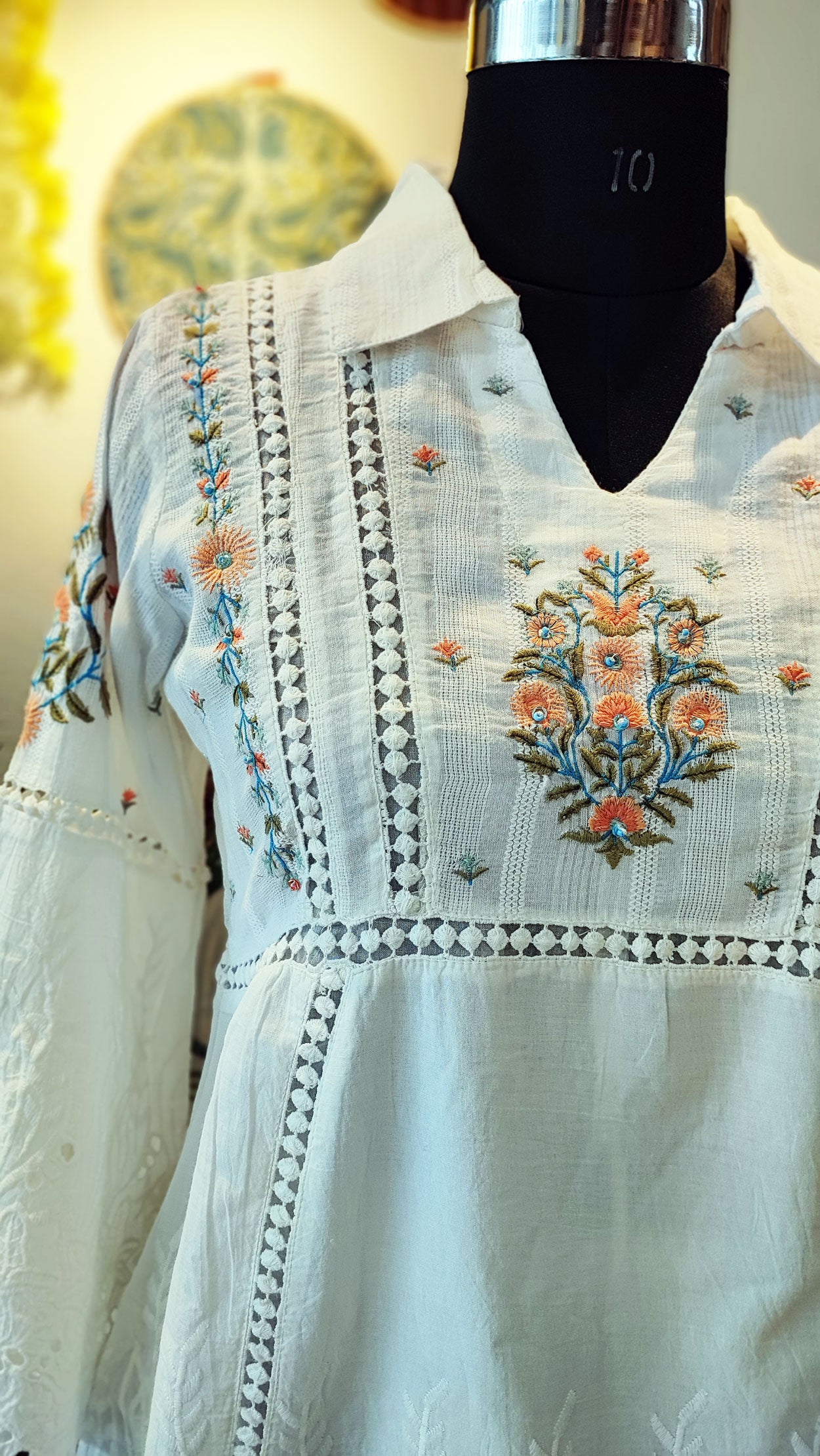 Moonlight White Collared Cotton Mulmul Top With Embroidery