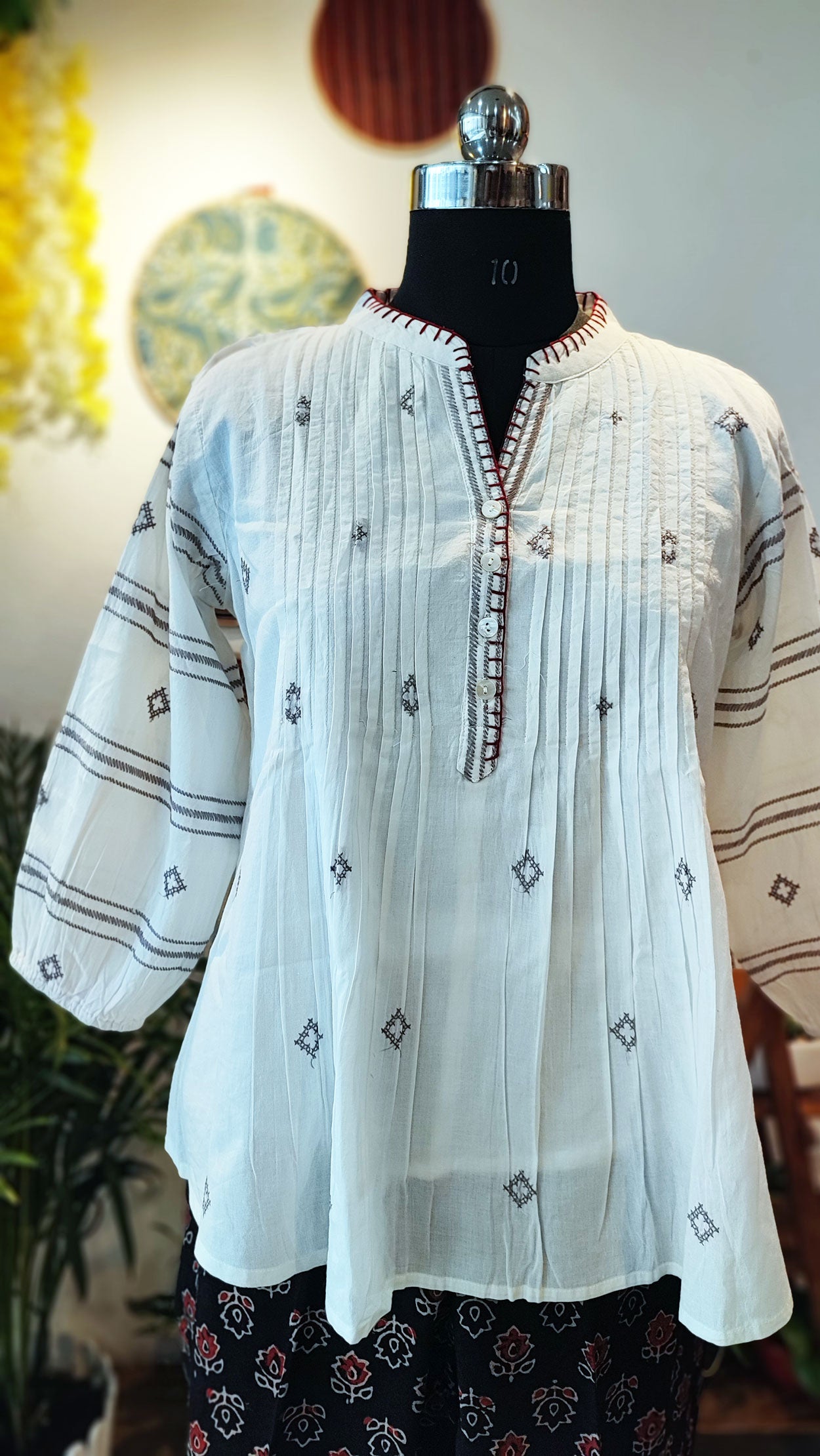 Moonlight White Pleated Cotton Mulmul Top With Embroidery
