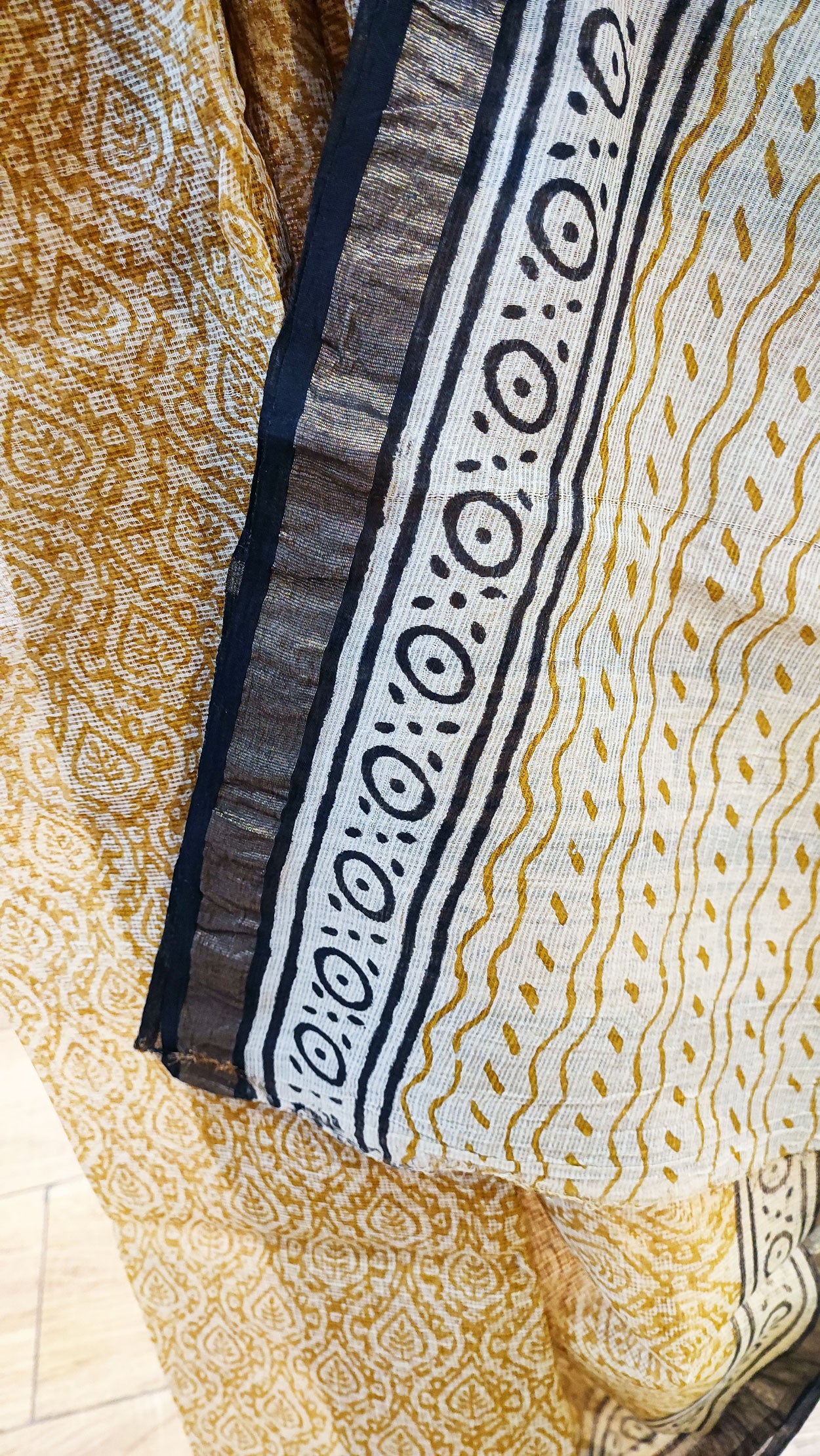 Tan, Black & White Premium Kota Doria Handblock Printed Saree