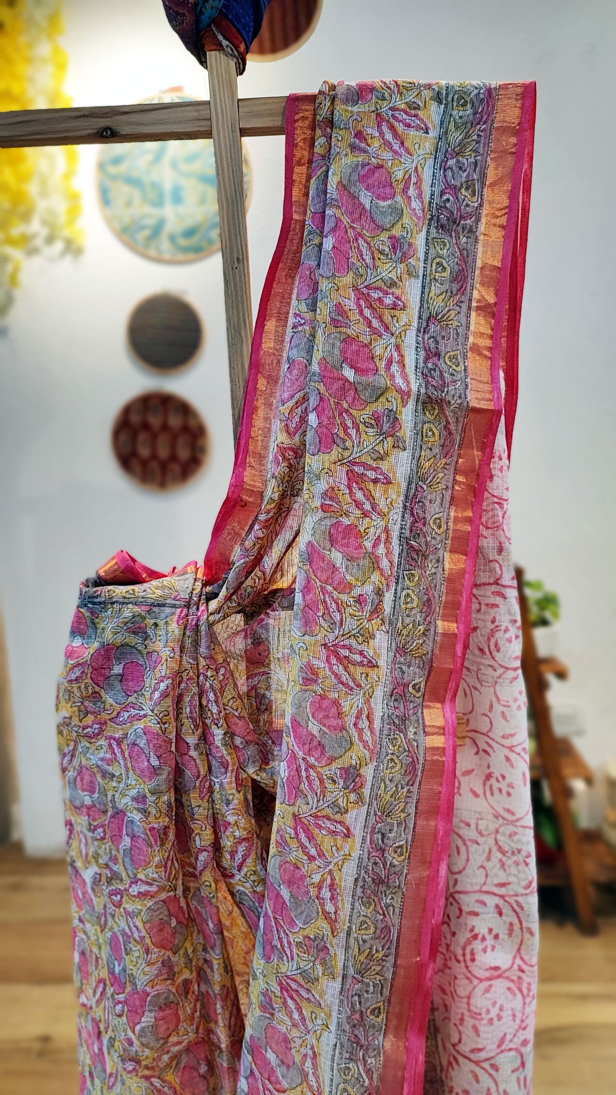 Pink & Yellow Kota Doria Saree with Handblock Prints